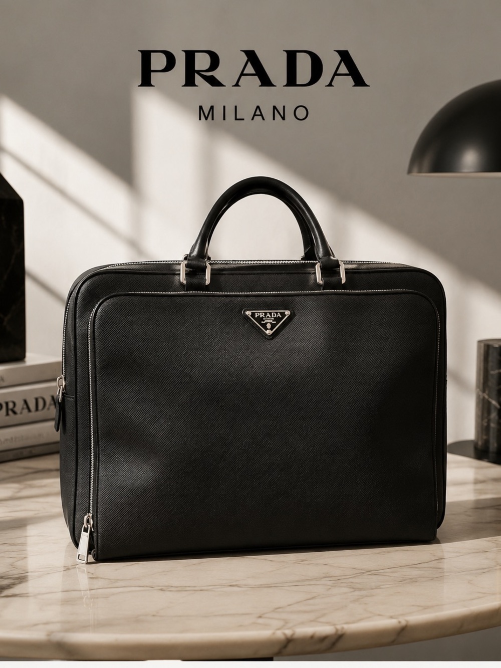 Authentic Prada Black Saffiano Leather Travel Briefcase / Business Bag